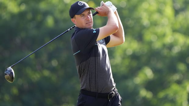 Jordan Spieth drives a ball during the 2022 US Open.